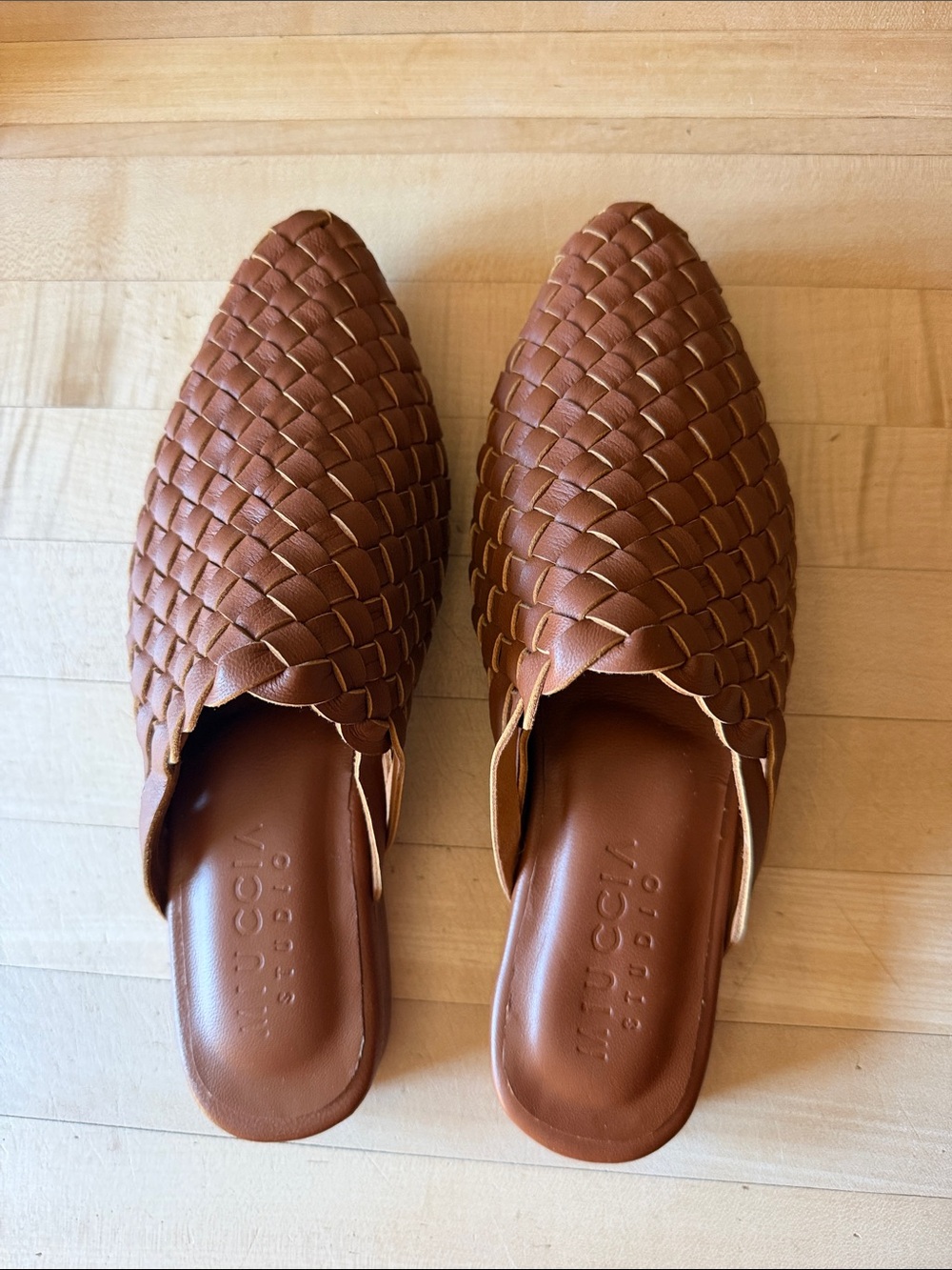 Brown Woven Leather Mule Flats - Women